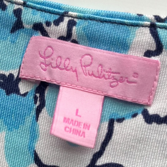 Lilly Pulitzer Silk Blend Patty Dress Low Tide Navy Bouquet All Day Womens Large - Picture 12 of 12